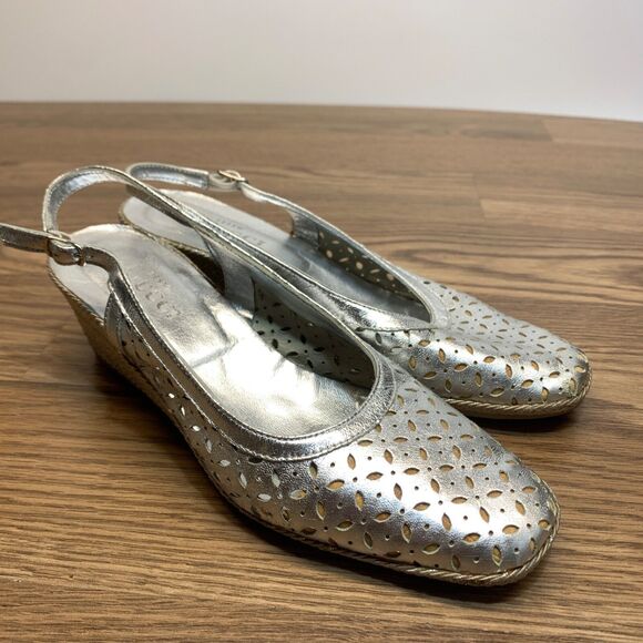 SESTO MEUCCI Women's Woven SILVER PEWTER Leather Mules Slingback Loafers US 6.5 - Picture 1 of 11
